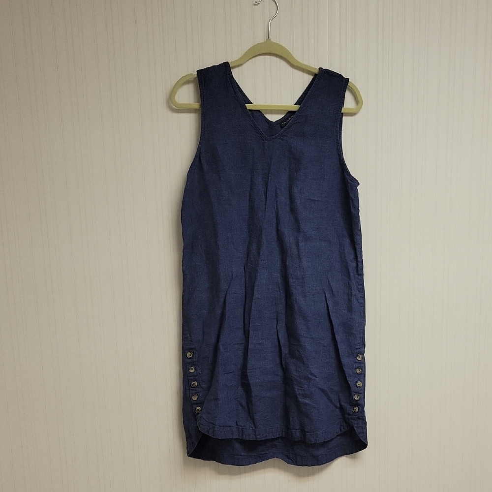 Tahari Navy Sleeveless V-Neck Button-Accent Linen Midi Dress Large